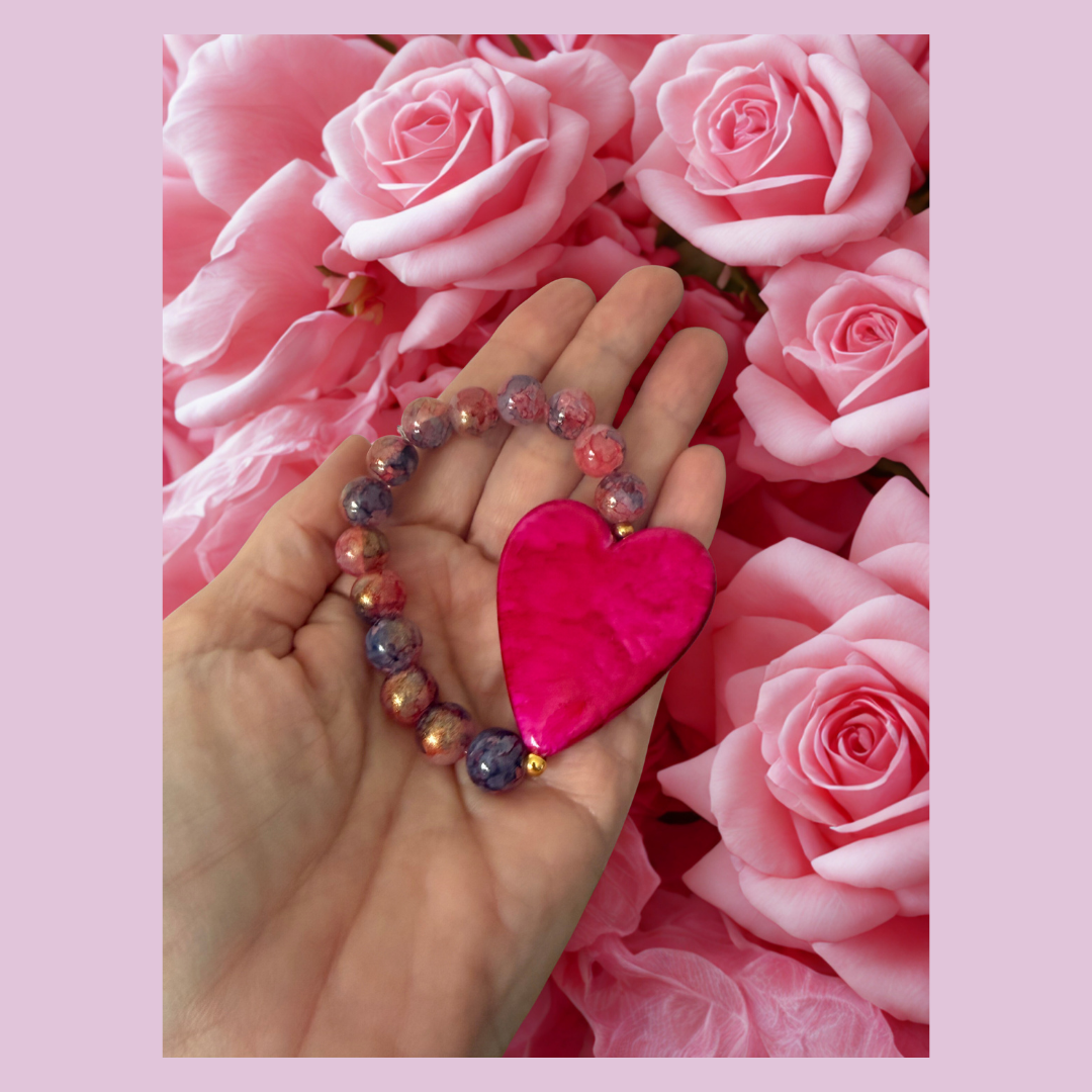 Pink Heart Bracelet – Pearl & Crackle Glass