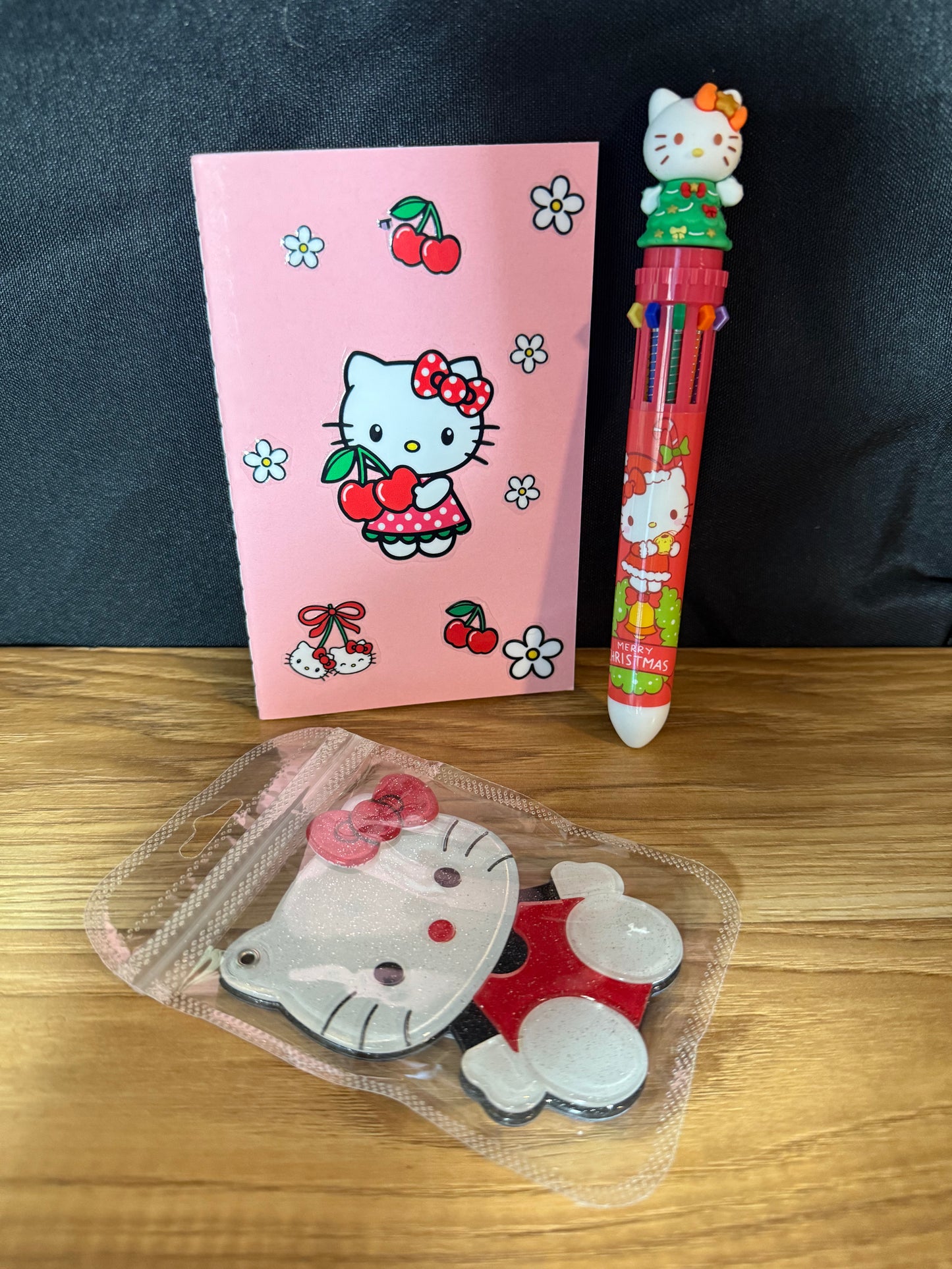 Cute Cherry Kitty Mirror + Notebook & Holiday Pen Set