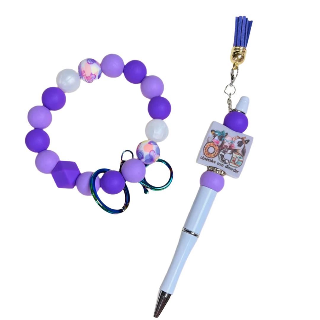 Purple Mom and Child Wristlet KeyChain & Pen Set