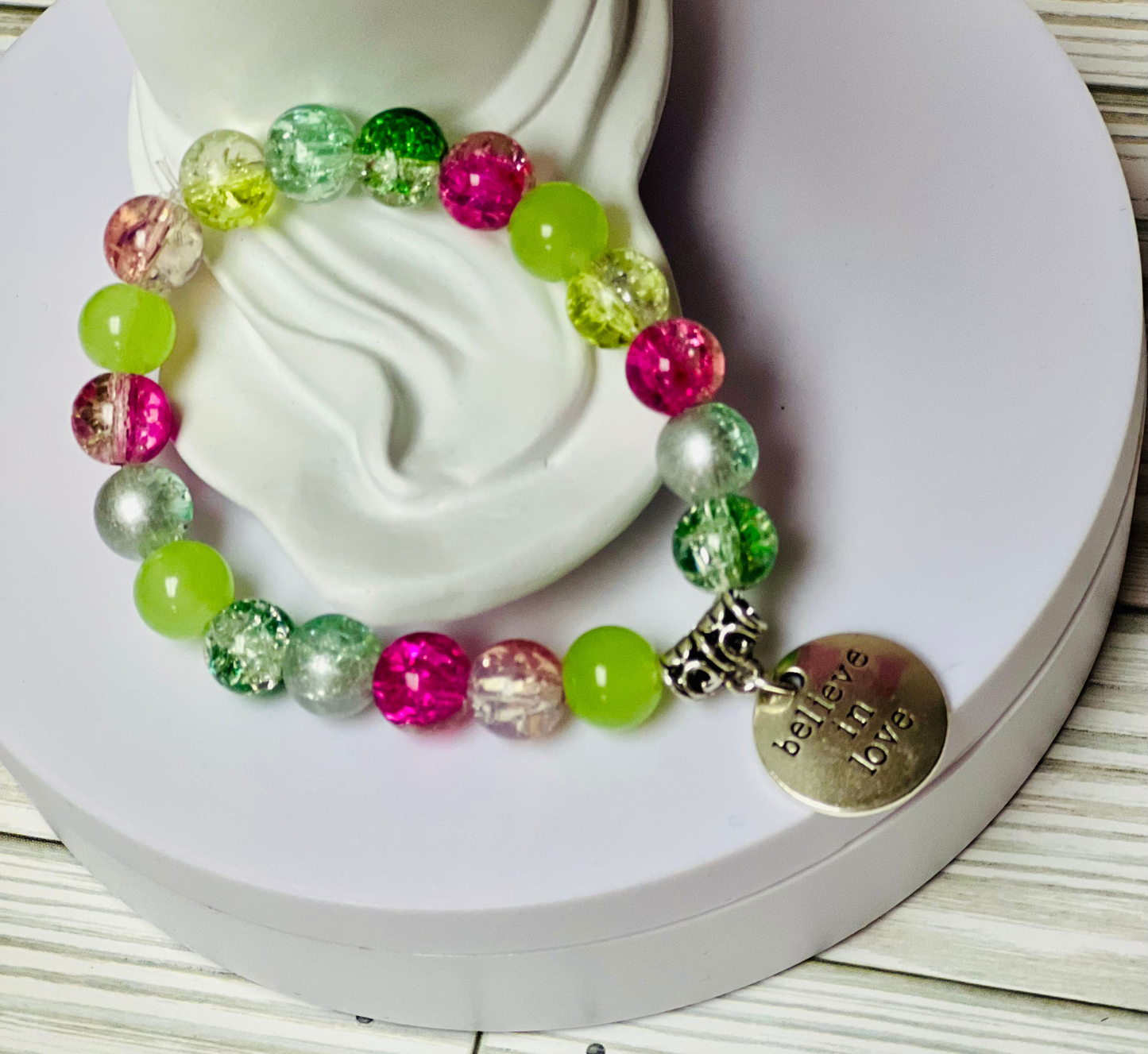 Green and Pink  Glass Crackle MIx with I love you silver charm