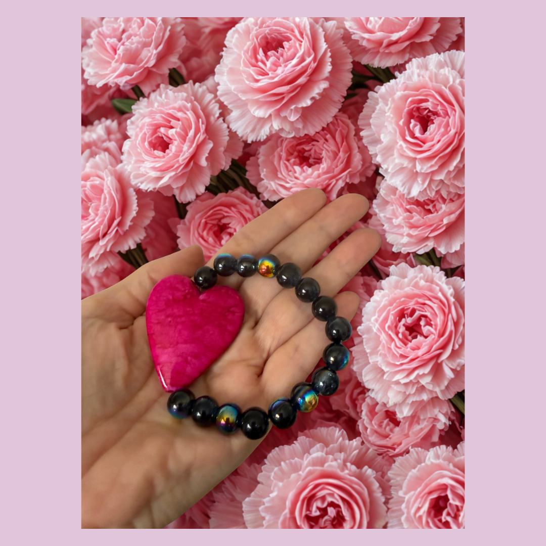 Pink Heart Bracelet – Pearl & Crackle Glass