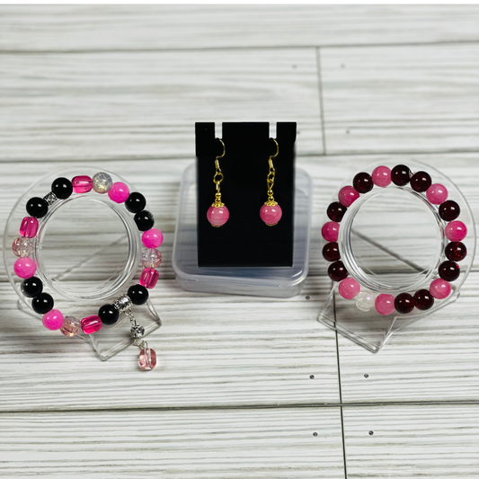Pink and Black 10 ML Glass Beaded Bracelet and Earring Set