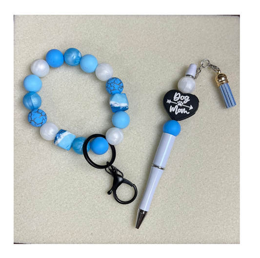 Blue Dog Mom Beaded Wristlet and Pen Set