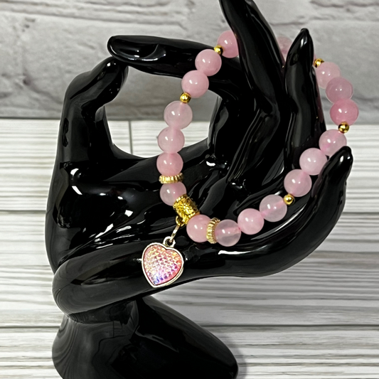 Pink Quarts Crystal beads with Gold spacers and Pink charm