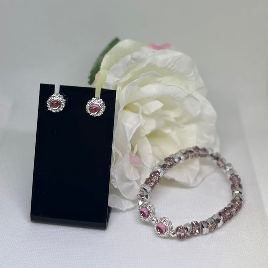 Pink Crystal Beaded Bracelet & Earring Set – Dainty Jewelry Gift for Her
