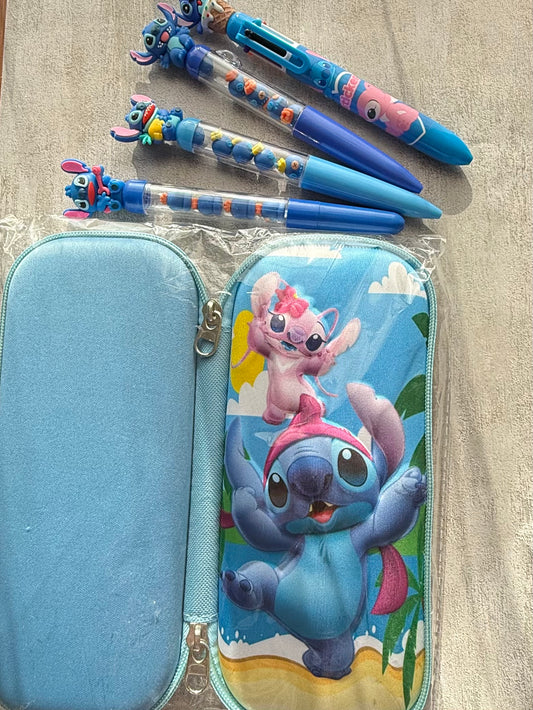 Blue Kawaii Pencil Case + 4-Pen Set