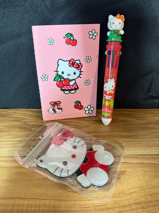 Cute Cherry Kitty Mirror + Notebook & Holiday Pen Set