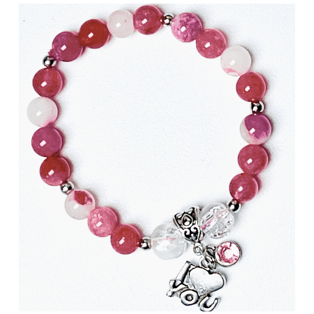 Pink Strip and White with I love you Charms and Silver Spacers