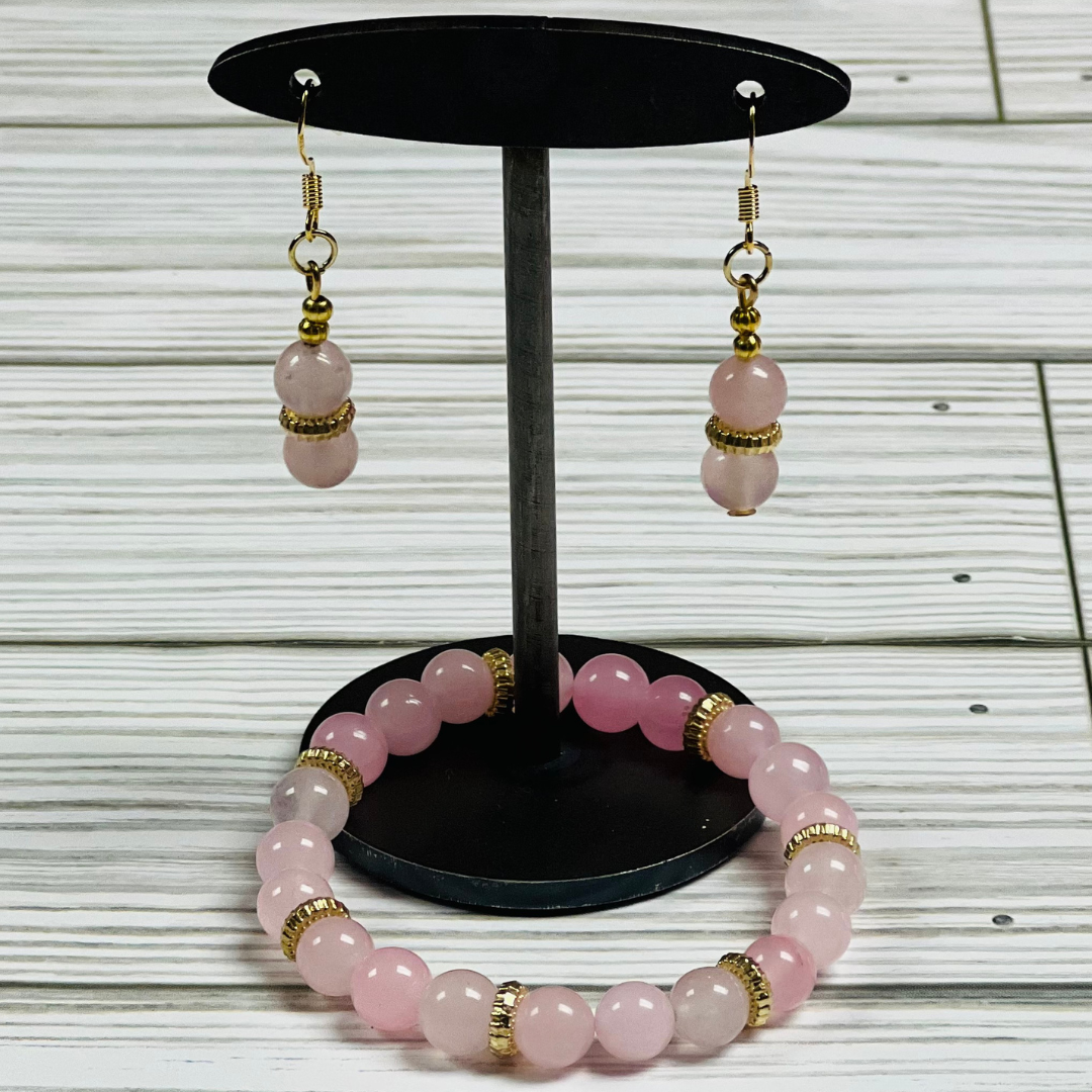 Pink Quarts Crystal beads with Gold spacers and Pink charm