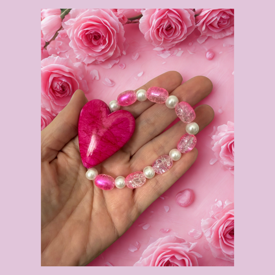 Pink Heart Bracelet – Pearl & Crackle Glass