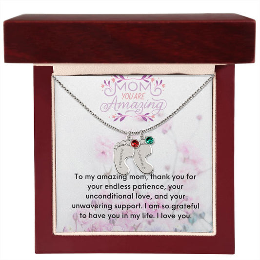 Engraved Baby Feet Necklace with Birthstone